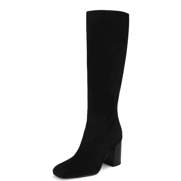 Women's Faux Leather Black Suede Square Toe Knee High Chunky Heel Side Zip Boots - Picture 1 of 7